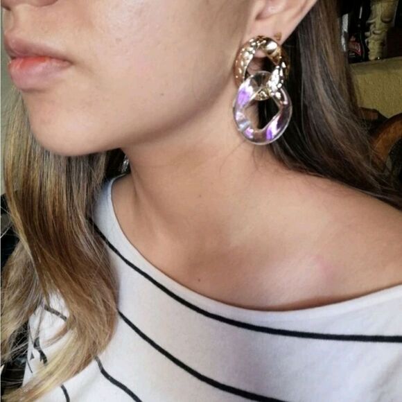 Gold Statement Hoop Earrings Chunky Clear Resin Chain Link Oversized 💖 - Picture 10 of 12